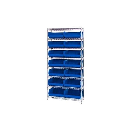 Global Industrial Chrome Wire Shelving With 14 Giant Plastic Stacking Bins Blue, 36x14x74 268929BL